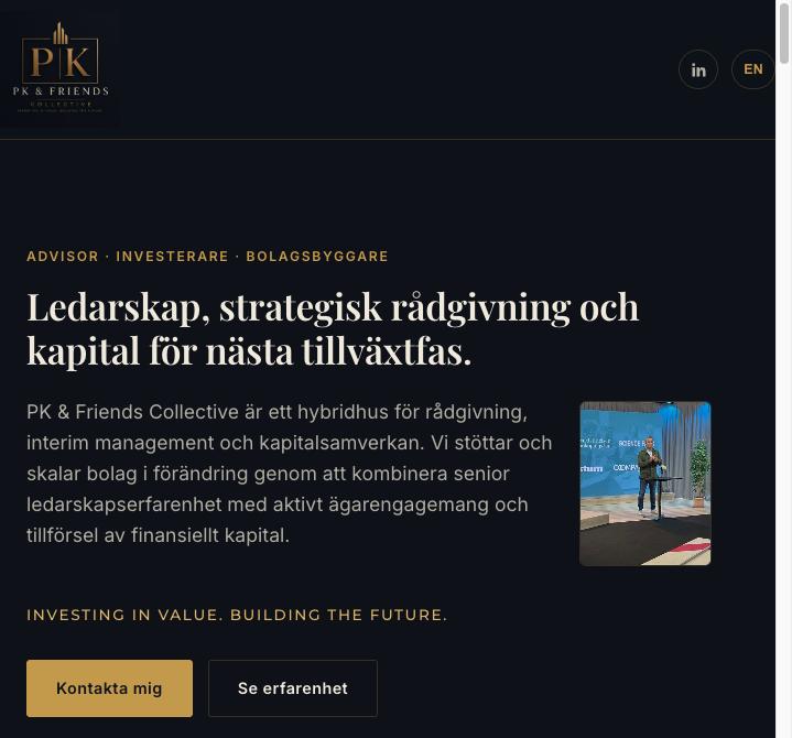 PK & Friends Collective – startsida med hero-sektion